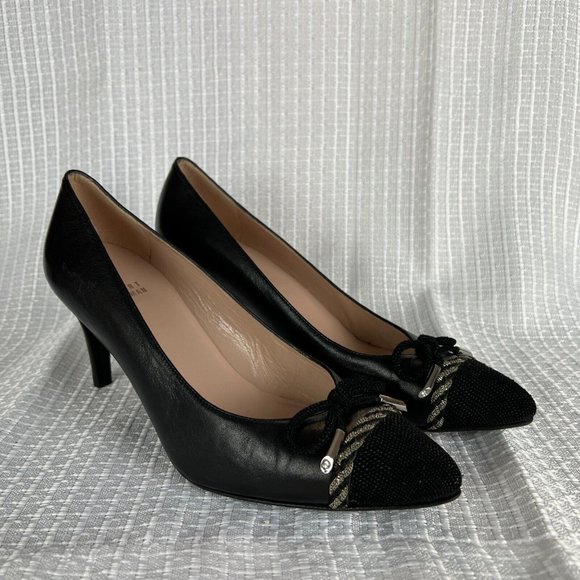 Stuart Weitzman Pumps Heels 8.5 M Black Leather‎ Bow Pointed Toe Designer Luxe - Picture 1 of 12